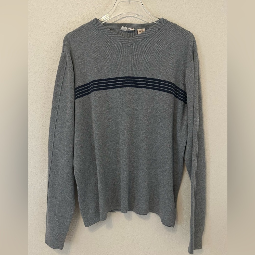 Vintage Quicksilver Dead-Stock Gray Sweater Size M With Blue Stripes Mens V-Neck